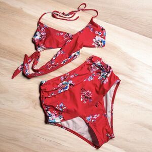 COCOSHIP High Waist Bikini Set Red Floral Wrap Top Back Tie